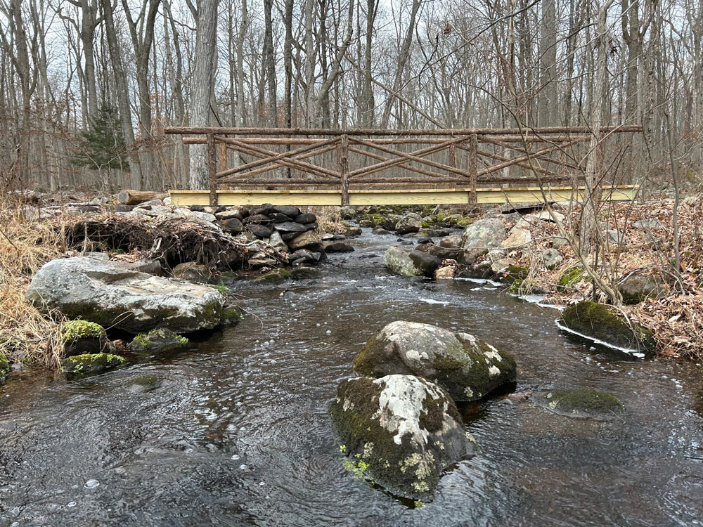 Rustic bridge built using bark-on trees and branches constructed for the Bartlett Arboretum