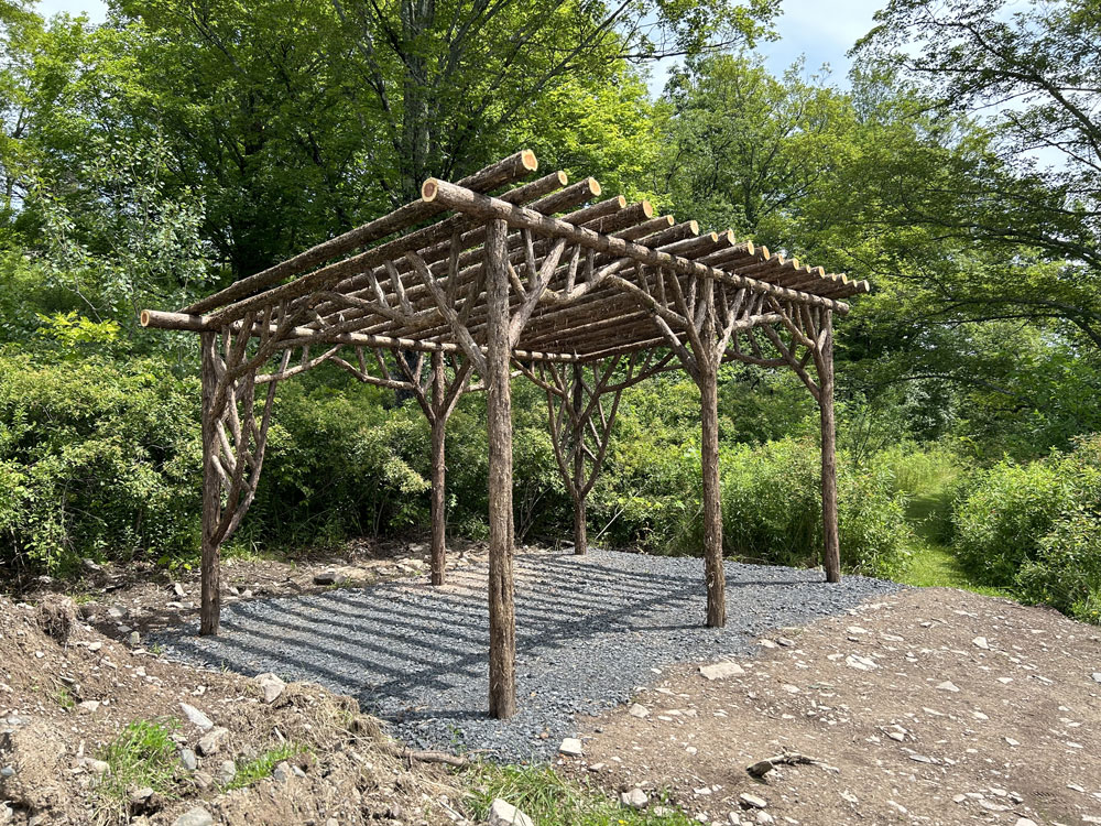Rustic garden pergola built using bark-on trees and branches titled the Preston Hollow Pergola