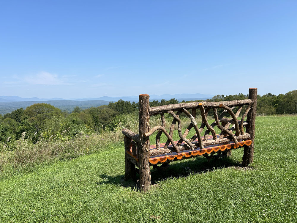 Outdoor rustic garden bench built using bark-on trees and branches titled the Mohonk Putnam Bench