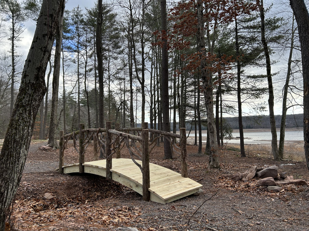 Rustic bridge built using bark-on trees and branches titled the White Lake Bridge