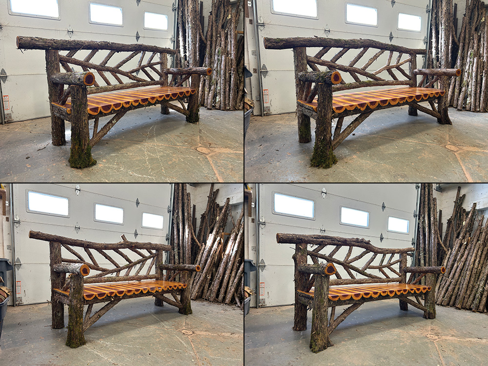 Outdoor rustic park bench built using eastern red cedar and mountain laurel trees and branches titled the Rhinebeck Bench