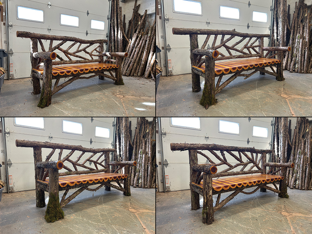 Outdoor rustic garden bench built using bark-on trees and branches titled the Rhinecliff Bench