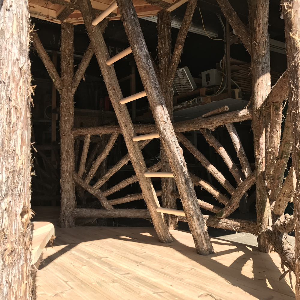 Outdoor rustic tree tower built using bark-on trees and branches titled the Taunton Hill Tree Tower
