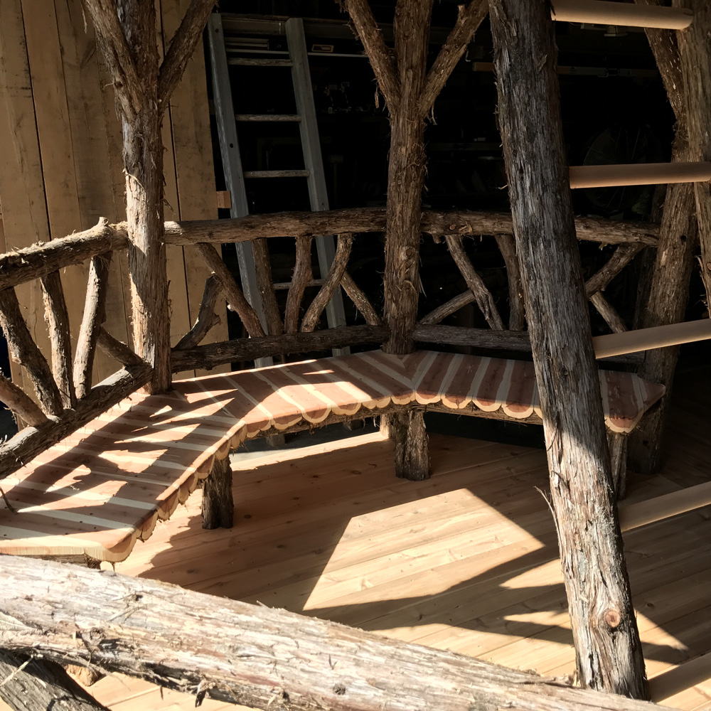 Natural wood two story gazebo built with trees and branches titled the Taunton Hill Tree Tower