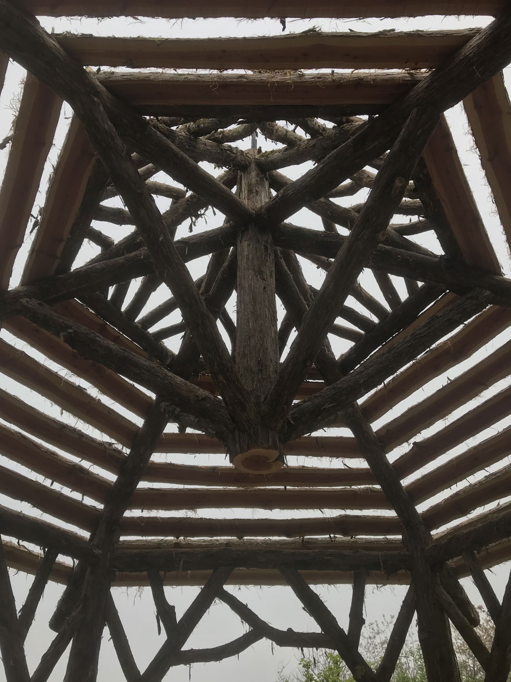 Rustic garden pavilion built using bark-on trees and branches titled the Fishers Island Gazebo