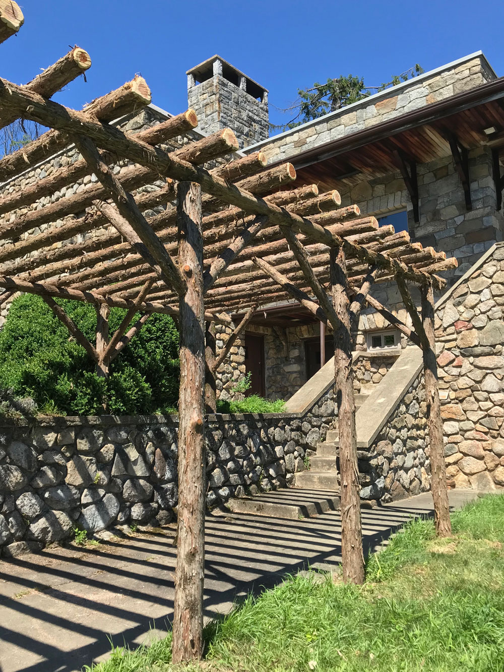 Natural wood rustic pergola built with trees and branches titled the Wildwood Pergola