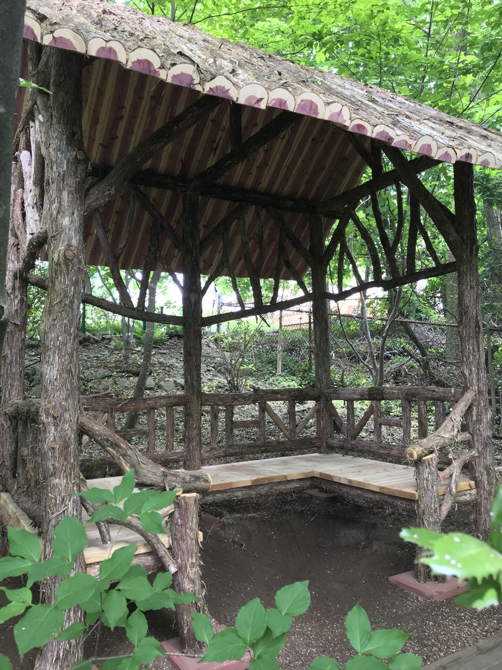Natural wood covered bench built with trees and branches titled the Mayhew Shelter