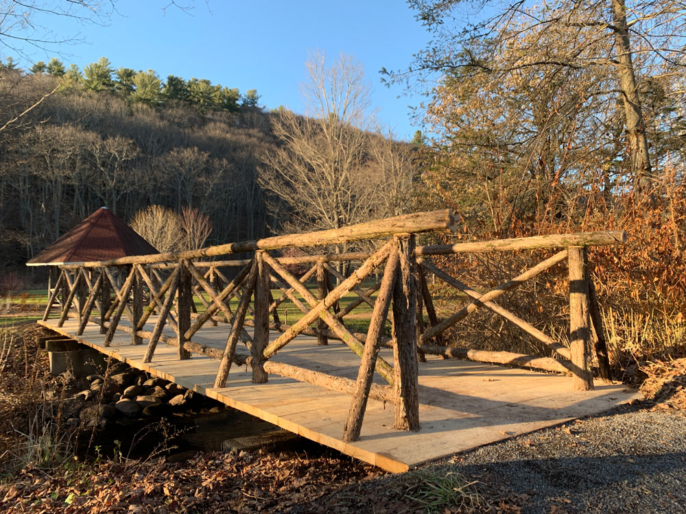 Bridge railings built in the rustic style using logs and branches titled the Kirkside Park Access Bridge