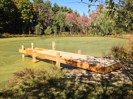 Rustic gazebo and dock built in the rustic style using logs and branches titled the Williams Dock Shelter