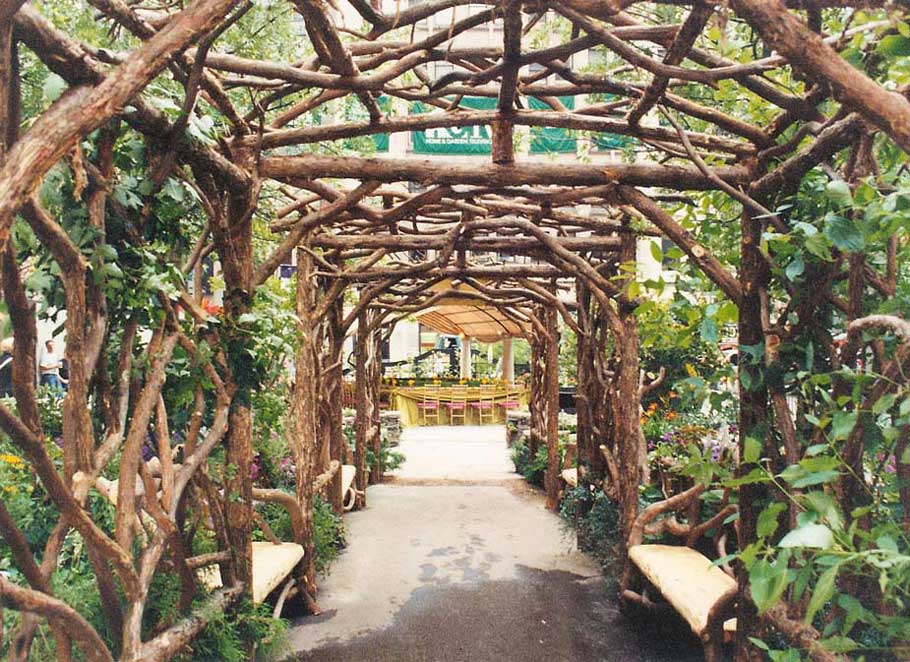 Branchwork rustic trellis constructed using natural materials titled the Rockefeller Twig