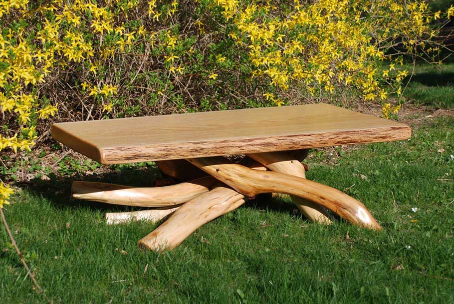 Coffee table built with eastern red cedar stripped of its bark and white oak