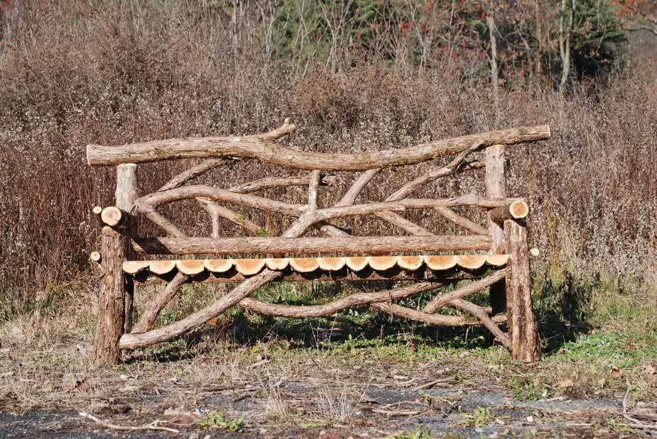 Outdoor rustic garden bench built using bark-on trees and branches titled the Animal Kingdom