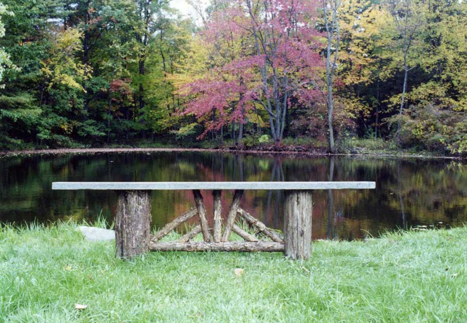 Outdoor rustic bench built by a pond using bark-on trees and branches titled the Blue Mountain
