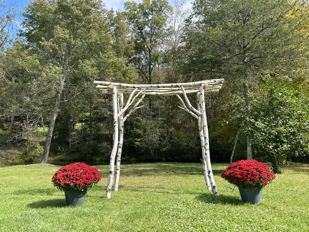 White birch arbor constructed for wedding rentals in the Hudson Valley and Catskill Mountain Region of New York State